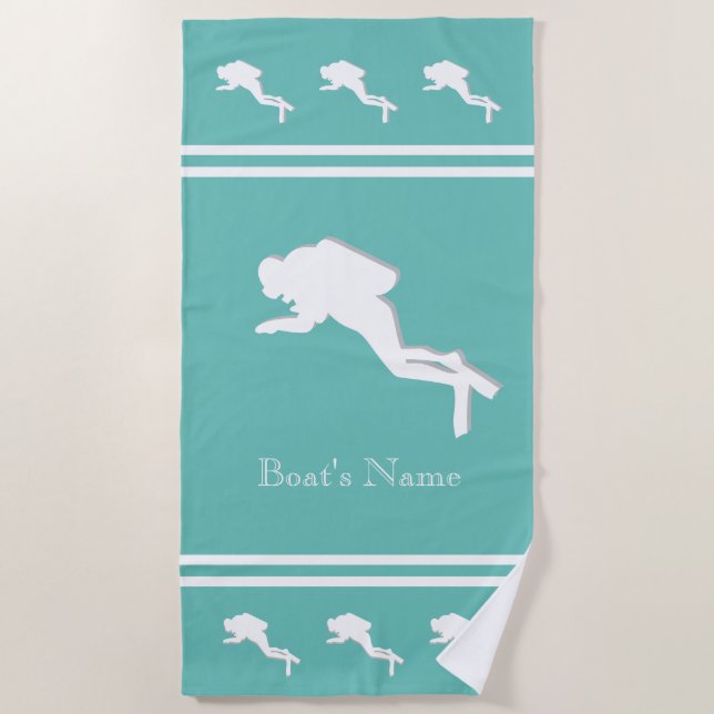 SCUBA DIVERS Monogrammed White Teal Blue Green Beach Towel (Front)