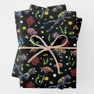 Scuba Divers Under Ocean Coral Tropical Fish Wrapping Paper Sheets
