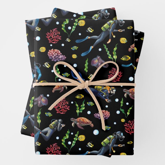 Scuba Divers Under Ocean Coral Tropical Fish Wrapping Paper Sheets (In situ)
