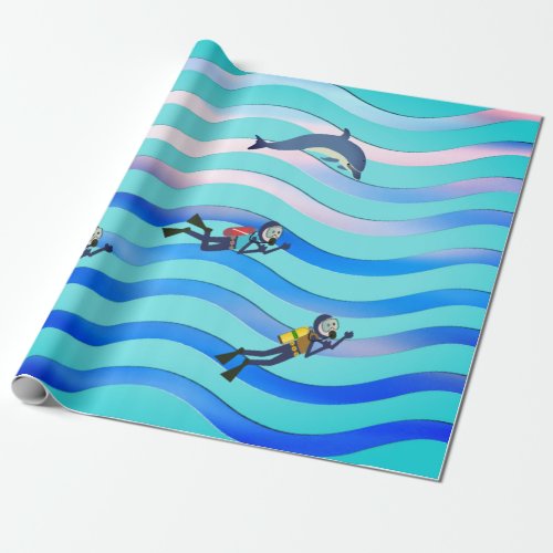 SCUBA DIVERS WITH NITROX TANK AND DOLPHIN WRAPPING PAPER