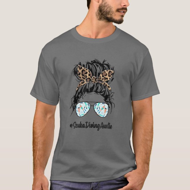 Scuba Diving Auntie Messy Hair Bun Leopard Women M T-Shirt (Front)
