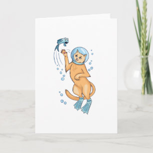 Scuba Diving Cat Hunting Fish Card