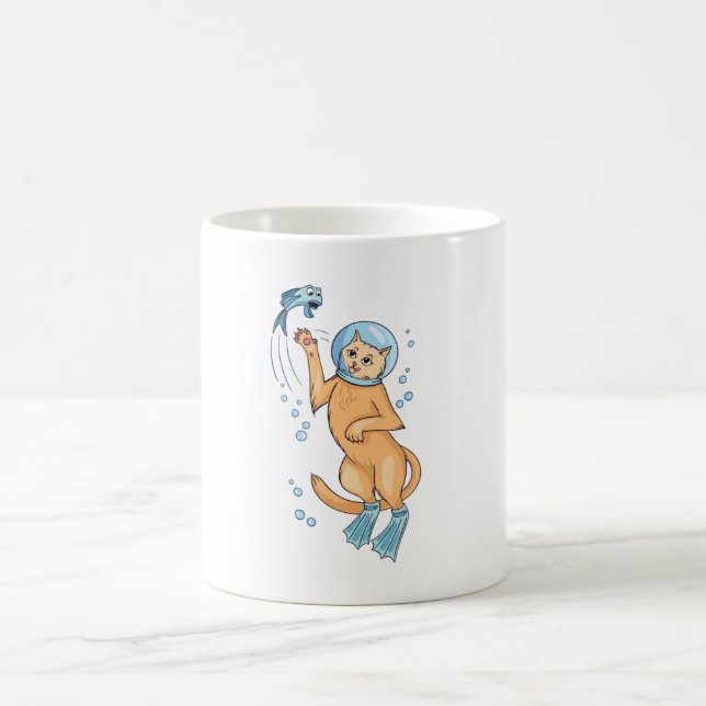 Scuba Diving Cat Hunting Fish Coffee Mug (Center)