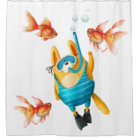 Funny Cat Fabric Shower Curtain, Sea Diving Cat Shower Curtain, Tropical  Fish Coral Underwater Sea Ocean Animal Shower Curtain With Hooks 