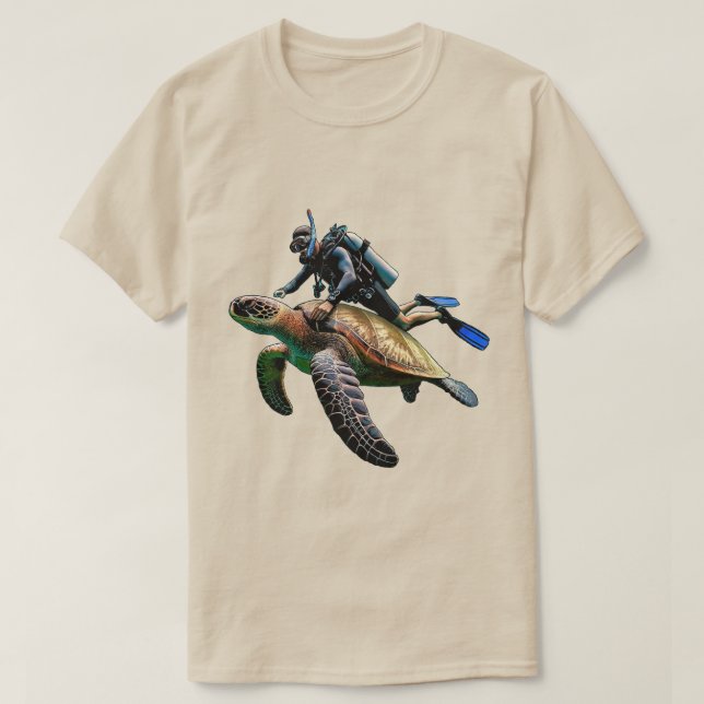 SCUBA Diving Diver Swimming with a Big Turtle URM T-Shirt (Design Front)