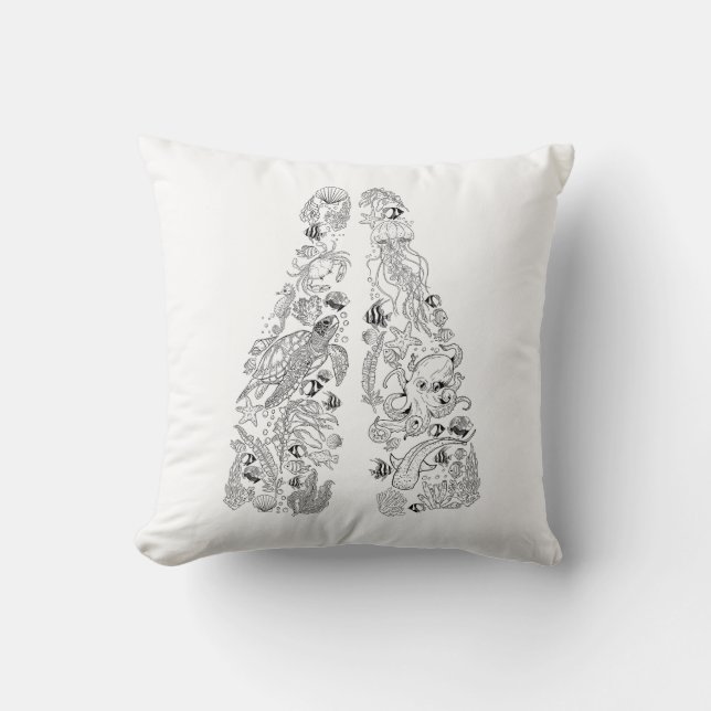 Scuba diving fins marine life design in black throw pillow (Front)