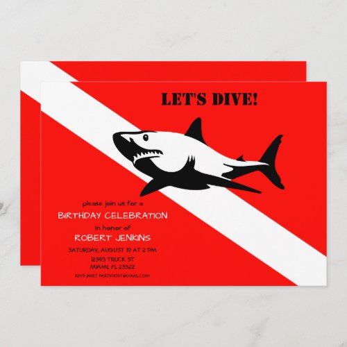 Scuba Diving Flag and Shark Birthday Invitation