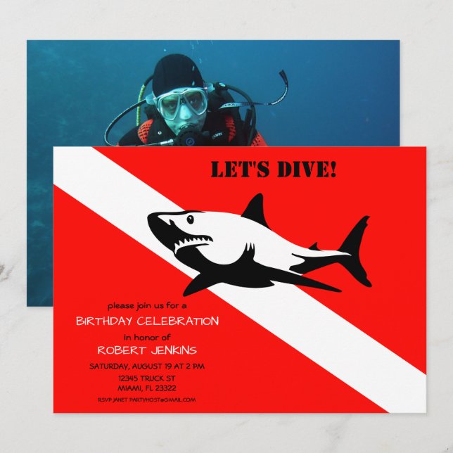 Scuba Diving Flag and Shark Photo Birthday Invitat Invitation (Front/Back)