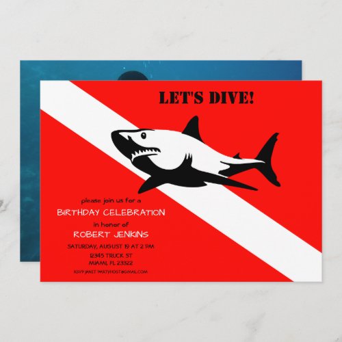 Scuba Diving Flag and Shark Photo Birthday Invitat Invitation