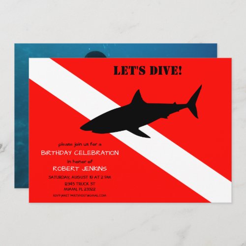 Scuba Diving Flag and Shark Photo Birthday Invitat Invitation