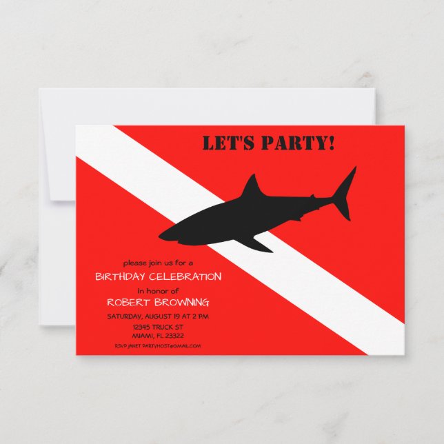 Scuba Diving Flag and Shark Photo Birthday Invitation (Front)