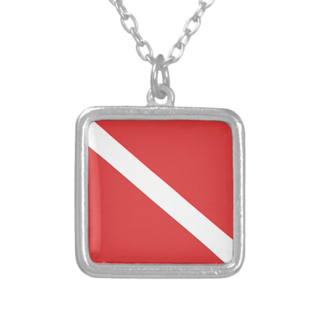 Scuba Diving Logo- Diver's Red White Flag Silver Plated Necklace (Front)