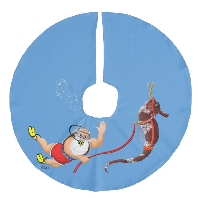 Scuba Diving Santa and Seahorse Faux Linen Tree Skirt (Front)