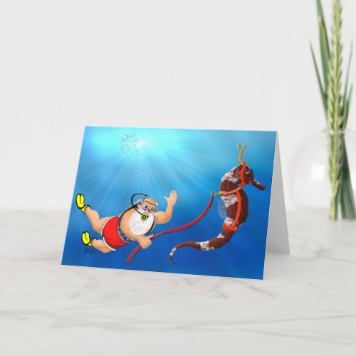 Scuba Diving Santa  Seahorse Christmas Card