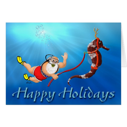 Scuba Diving Santa & Seahorse Happy Holidays Card