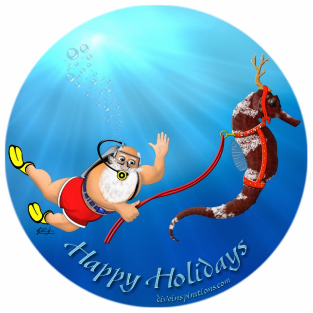 Scuba Diving Santa & Seahorse Ornament (Front)