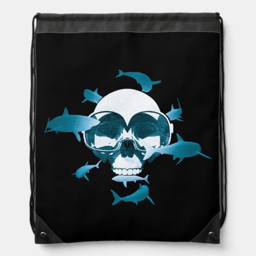 Scuba Diving Skull and Sharks Graphic Design Drawstring Bag