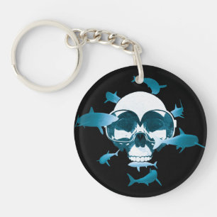 Scuba Diving Skull and Sharks Graphic Design Keychain