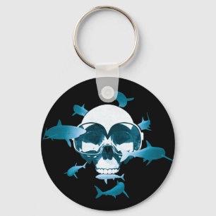 Scuba Diving Skull and Sharks Graphic Design Keychain