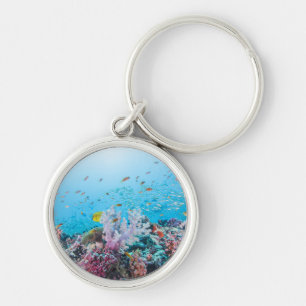 Scuba Diving With Colorful Reef And Coral Keychain