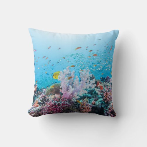 Scuba Diving With Colorful Reef And Coral Throw Pillow