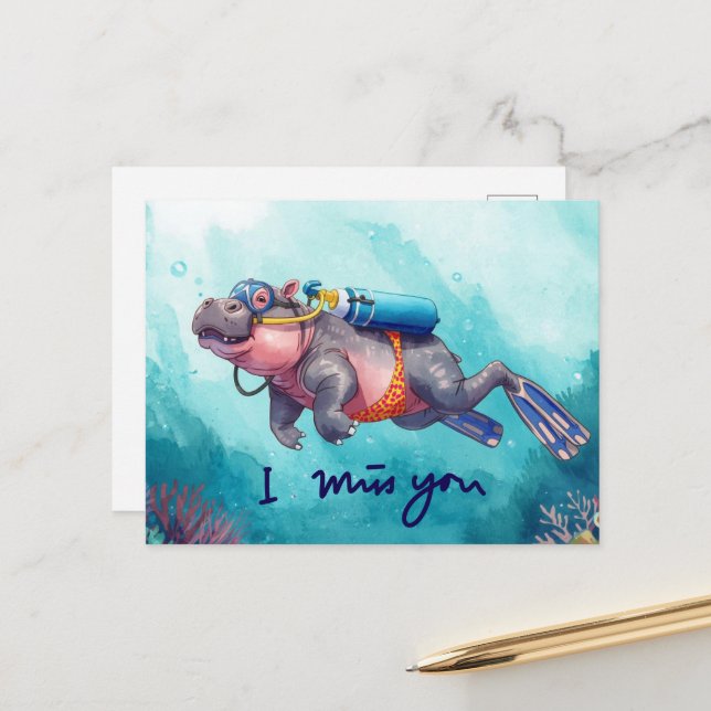 Scuba Hippo underwater I miss you  Postcard (Front/Back In Situ)
