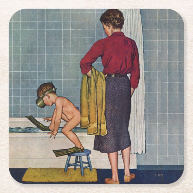 Scuba in the Tub Square Paper Coaster (Front)