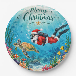 Scuba Santa Underwater Christmas Holiday Paper Plates