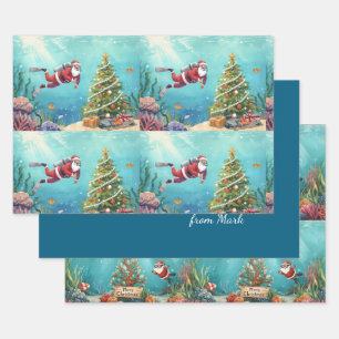 Scuba Santa Underwater Christmas Holiday Wrapping Paper Sheets