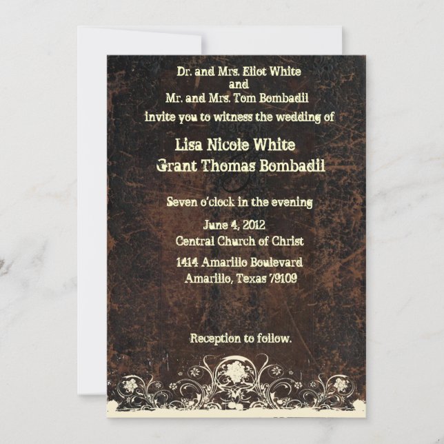 Scuffed Leather Look, Shabby Lace Wedding Invitation (Front)
