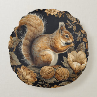Scuirrel and Flowers Pattern, Vintage,Gold black Round Pillow