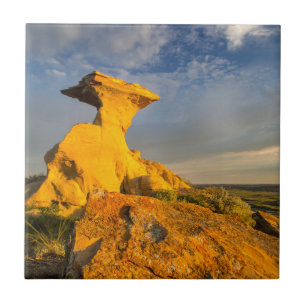 Sculpted Badlands Formation In Short Grass Ceramic Tile
