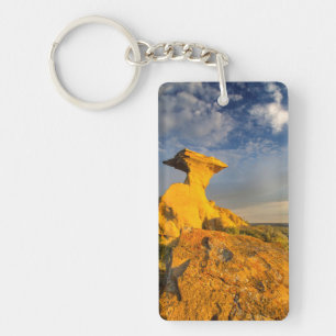 Sculpted Badlands Formation In Short Grass Keychain