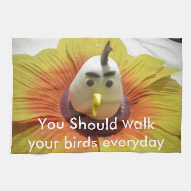 Sculpted Bird in Sunflower Art Print Kitchen Towel (Horizontal)