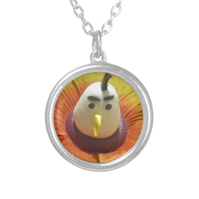 Sculpted Bird in Sunflower Art Print Silver Plated Necklace (Front)