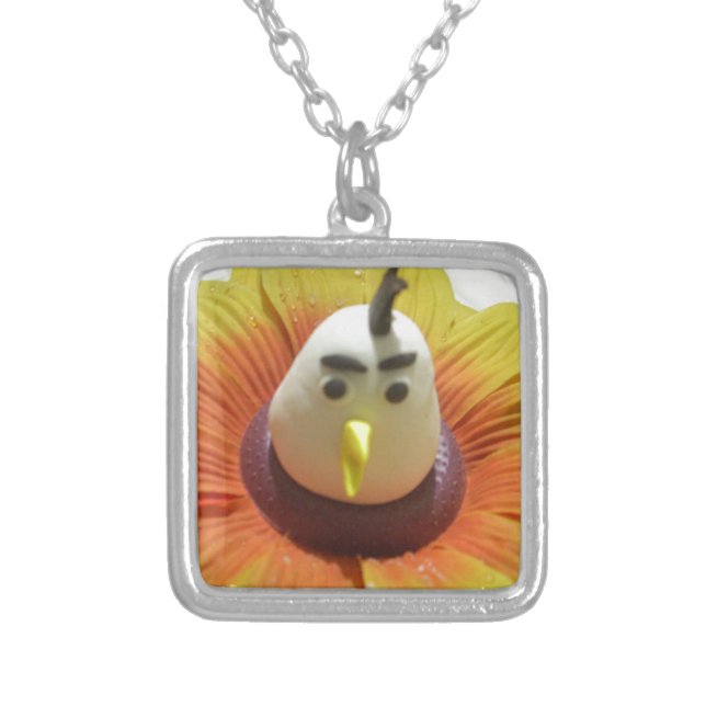 Sculpted Bird in Sunflower Art Print Silver Plated Necklace (Front)