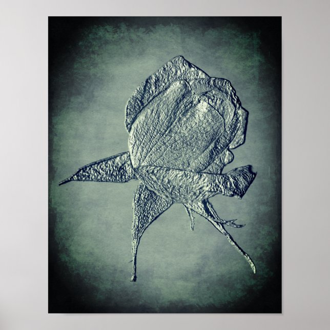 Sculpted Effect Silver Rosebud Flower Art Poster (Front)
