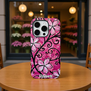 Sculpted Pink Flowers on Black Scrollwork iPhone 16 Pro Case