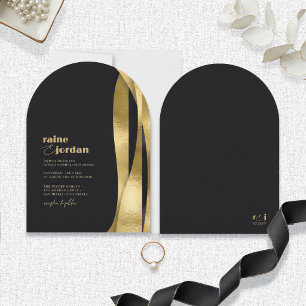 Sculptural Waves Wedding Gold Matte Black ID1312 Invitation