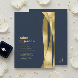 Sculptural Waves Wedding Gold Navy Blue ID1312 Invitation