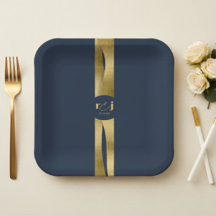 Sculptural Waves Wedding Navy Blue Gold ID1312 Paper Plates