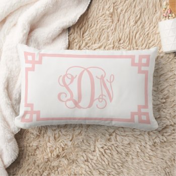Sdn Light Pink Greek Key Script Monogram Lumbar Pillow by jenniferstuartdesign at Zazzle