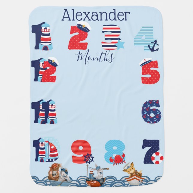 Sea Adventures Nautical Baby Milestone Blue Baby Blanket (Front)