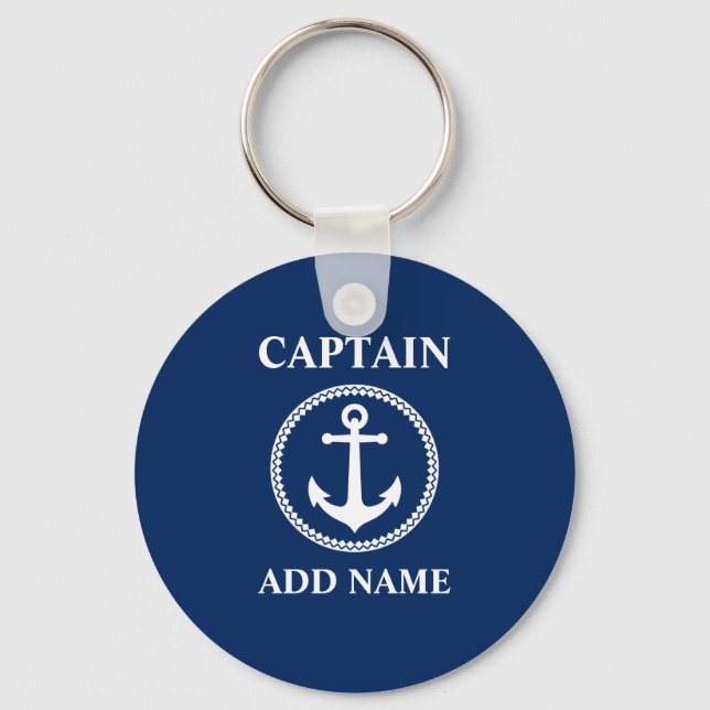 Sea Anchor Captain Add Name or Boat Name Blue Keychain (Front)