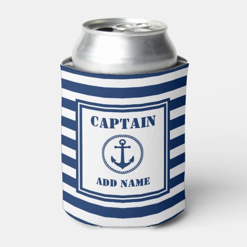 Sea Anchor Captain Boat Name Blue and White Stripe Can Cooler