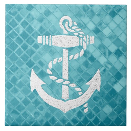 Sea Anchor on Aqua Sea Glass Pattern Ceramic Tile
