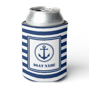 Sea Anchor Your Boat Name Blue and White Stripe Can Cooler