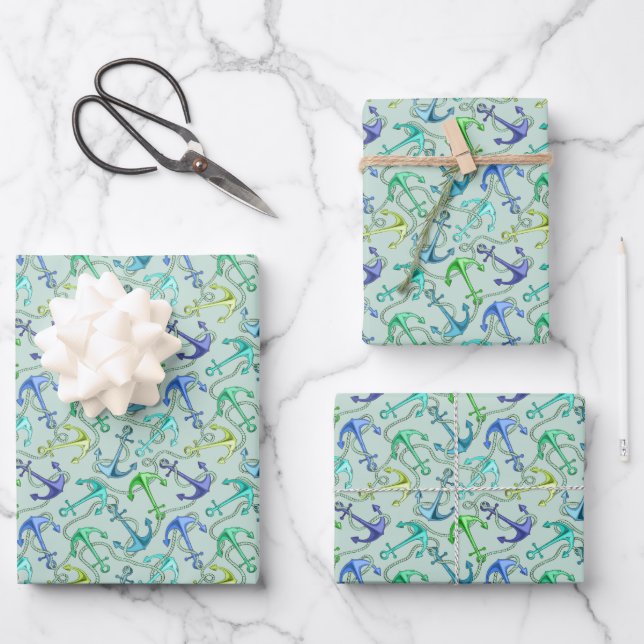 Sea Anchors And Rope Pattern Wrapping Paper Sheets (Front)