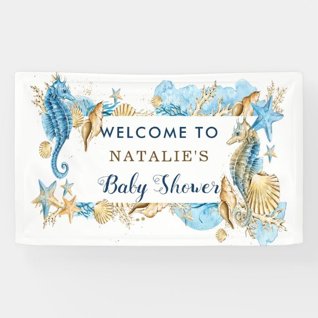 Sea and Beach Blue Gold Baby Shower Banner (Horizontal)