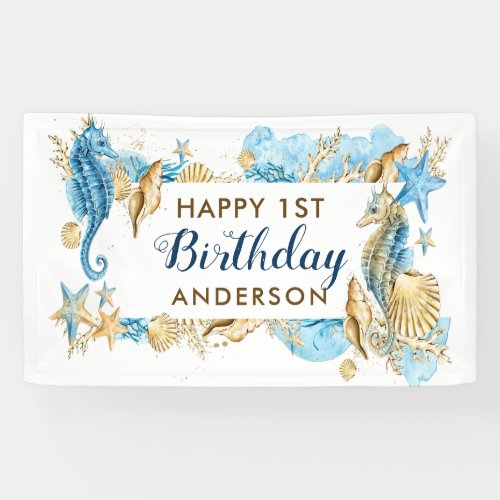 Sea and Beach Blue Gold Seahorse Birthday Party Banner